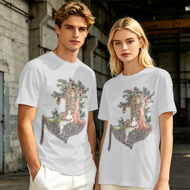 Olive t-shirt with whimsical floating treehouse reading scene print