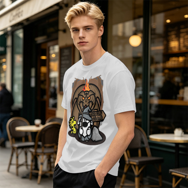 Olive t-shirt with wizard dog and dragon cave graphic
