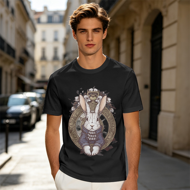 Olive T-Shirt With Steampunk White Rabbit Pocket Watch Art