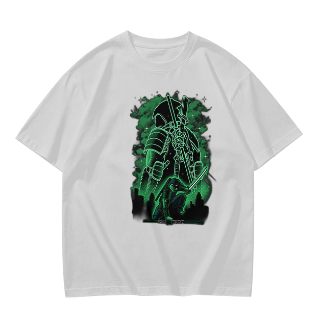 Olive Green T-Shirt With Neon Samurai Warrior Graphic