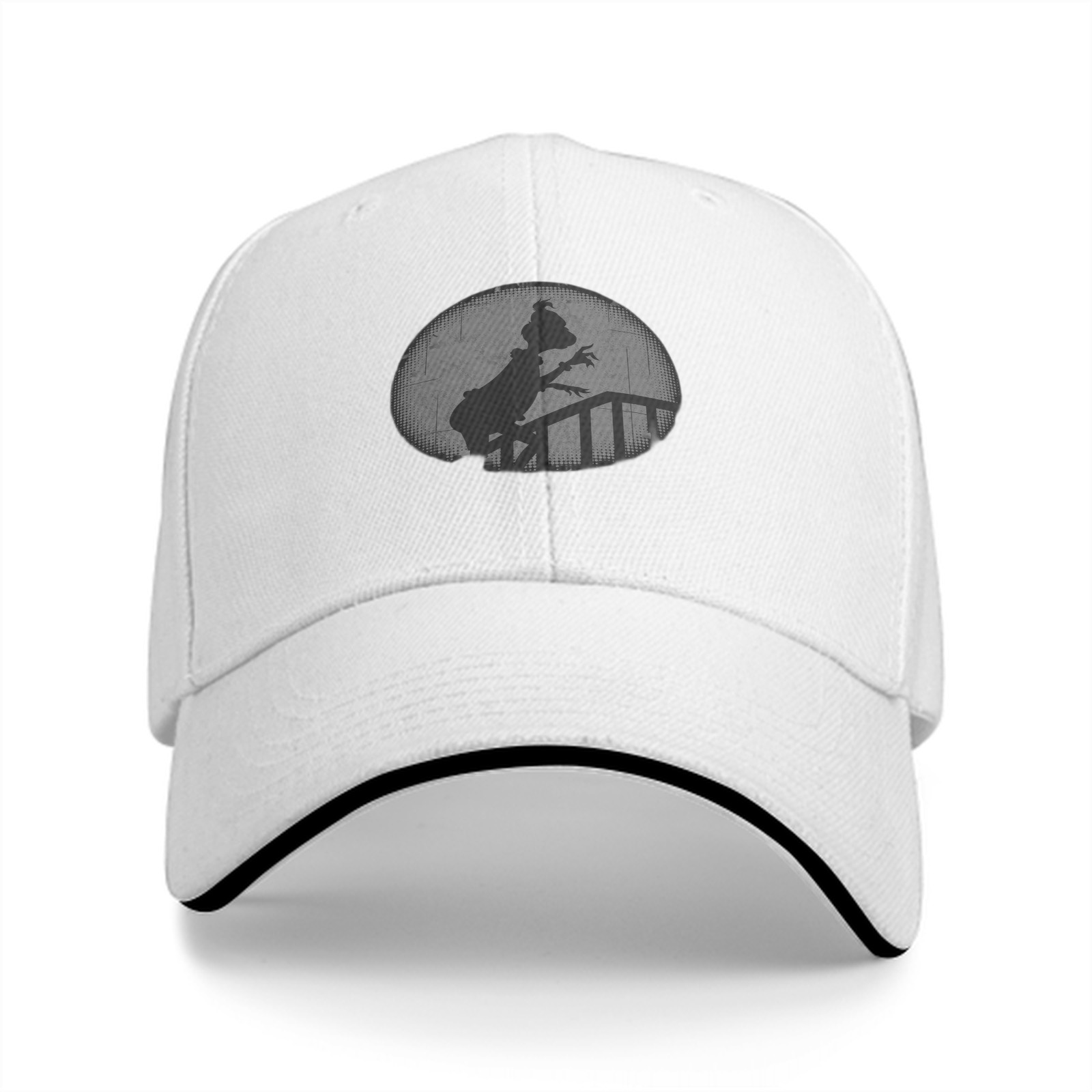 Black baseball cap with Grinch silhouette on staircase design