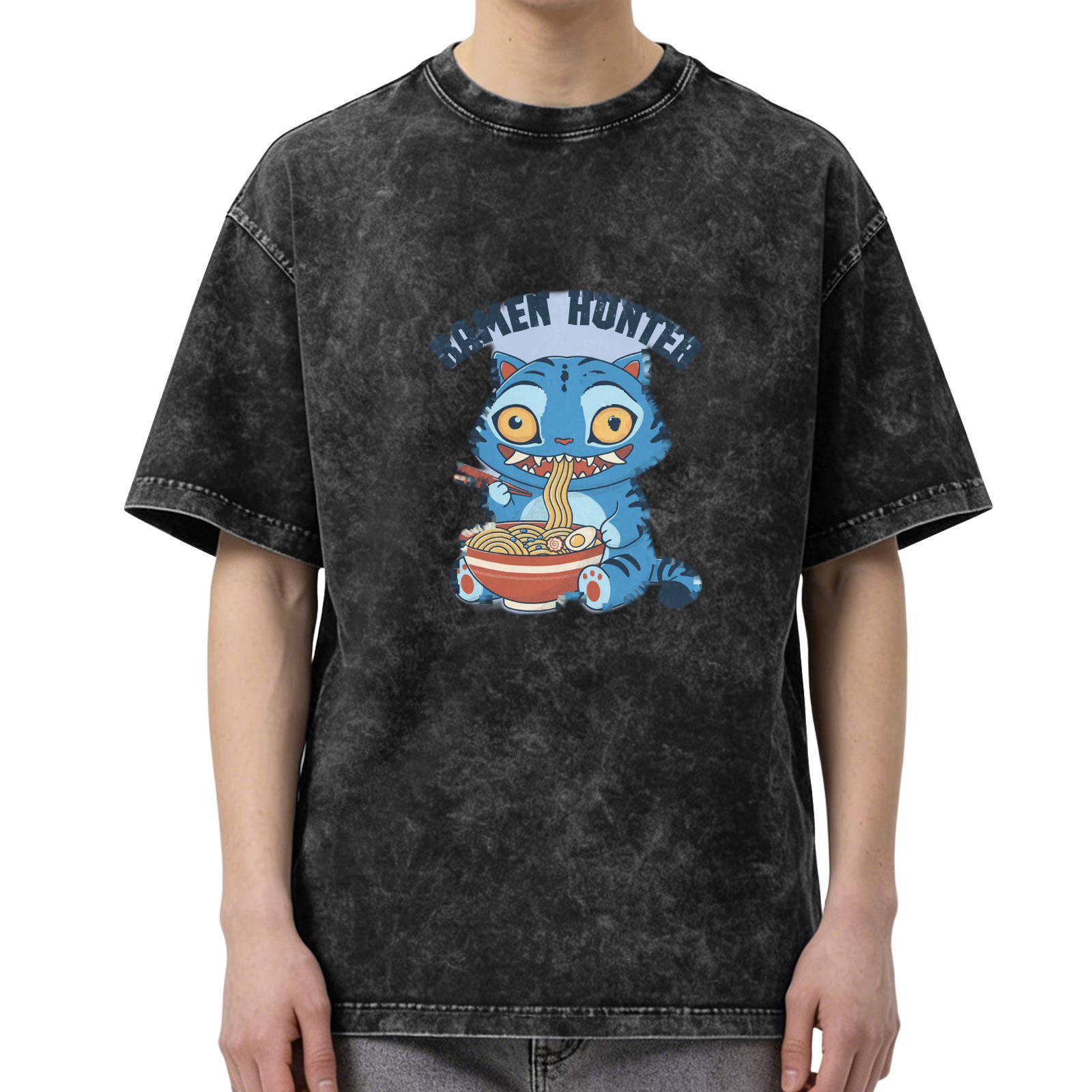 Ramen Hunter Cat Graphic Oversized Acid Wash T-Shirt