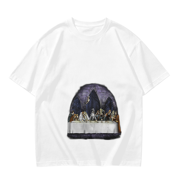 Olive Green T-Shirt with Skeletal Last Supper Graphic Print