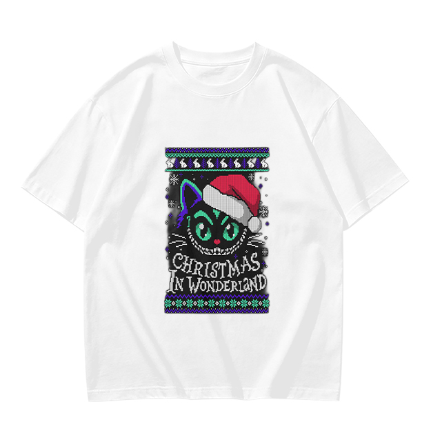 Christmas In Wonderland Cheshire Cat Santa Hat Graphic T-Shirt