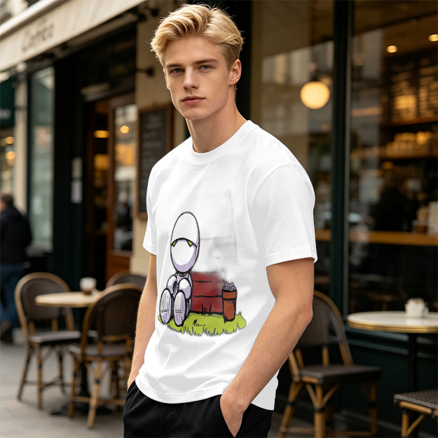 Olive T-Shirt With Sad Sitting Robot Graphic Print