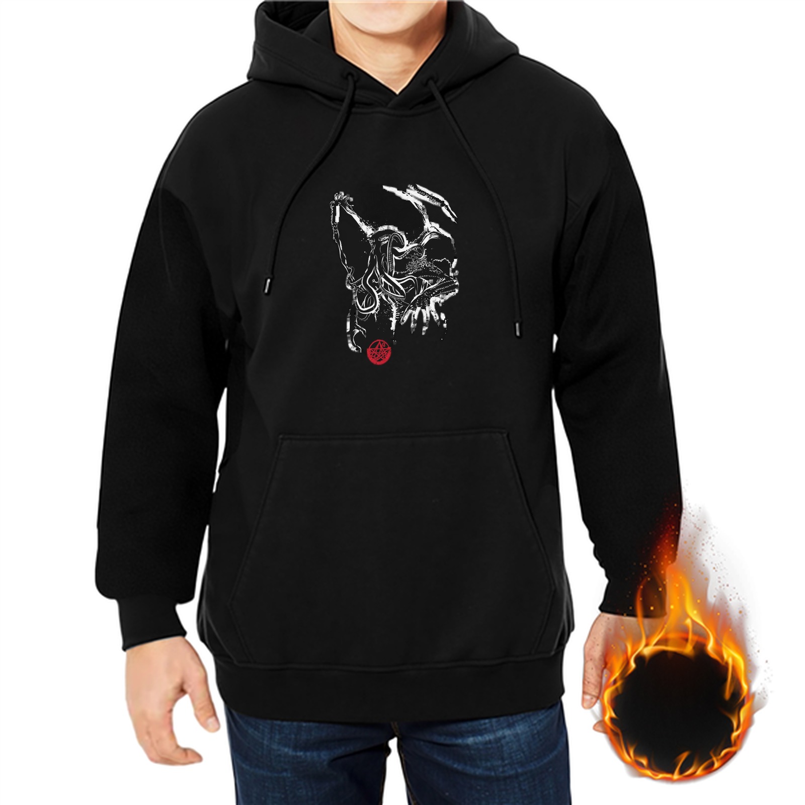 Black Hoodie With Abstract White Skull Graphic And Red Accent