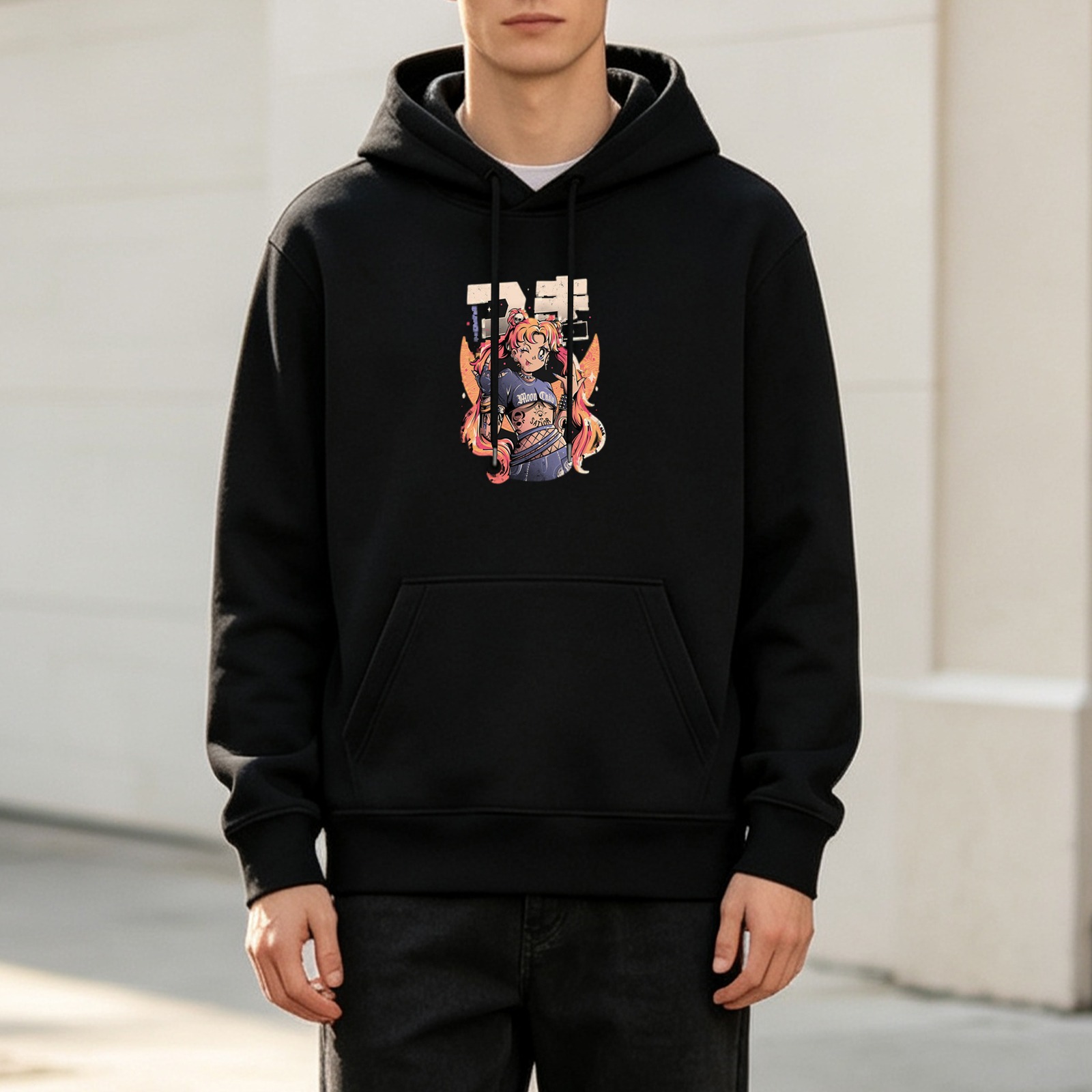Black Hoodie with Anime Girl Graphic Print