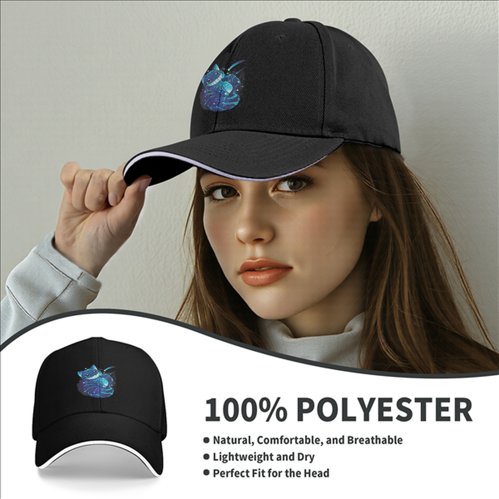Black baseball cap with glowing Cheshire cat space graphic