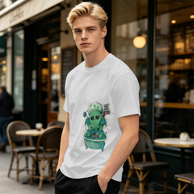 Olive T-shirt with Cute Sad Cthulhu Bathing Graphic