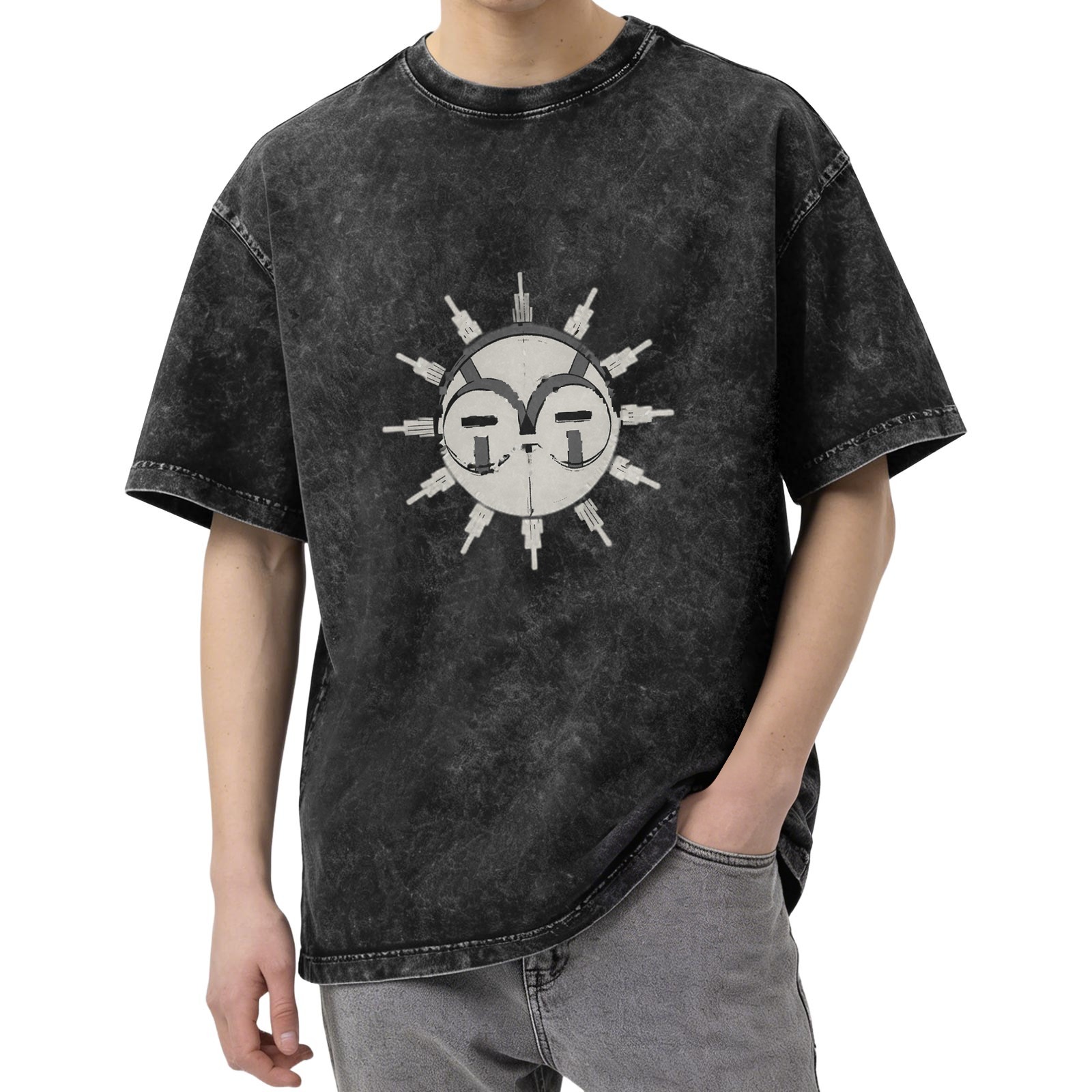 Distressed washed black sun print loose short-sleeved T-shirt