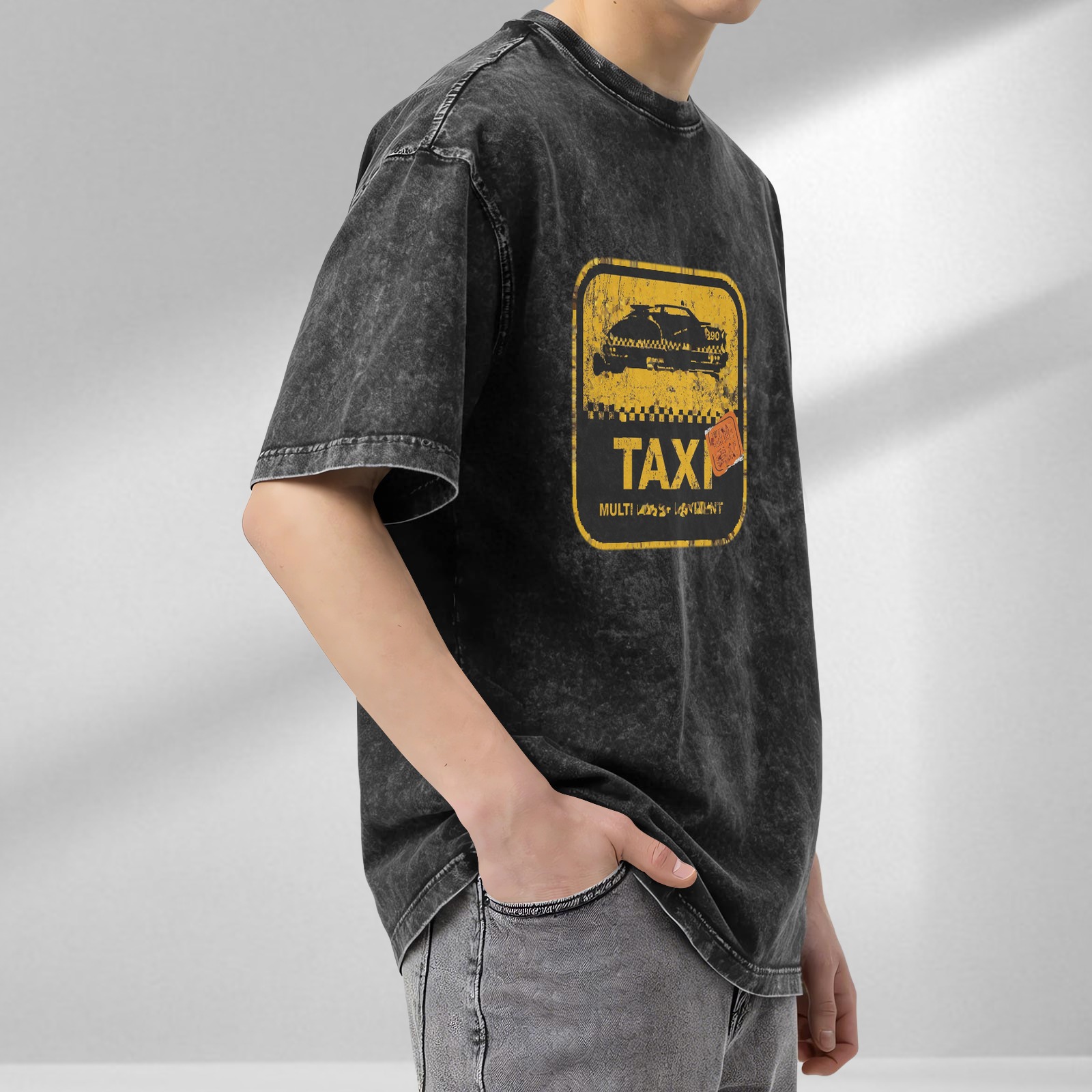 Distressed washed black Taxi theme printed short-sleeved T-shirt loose style