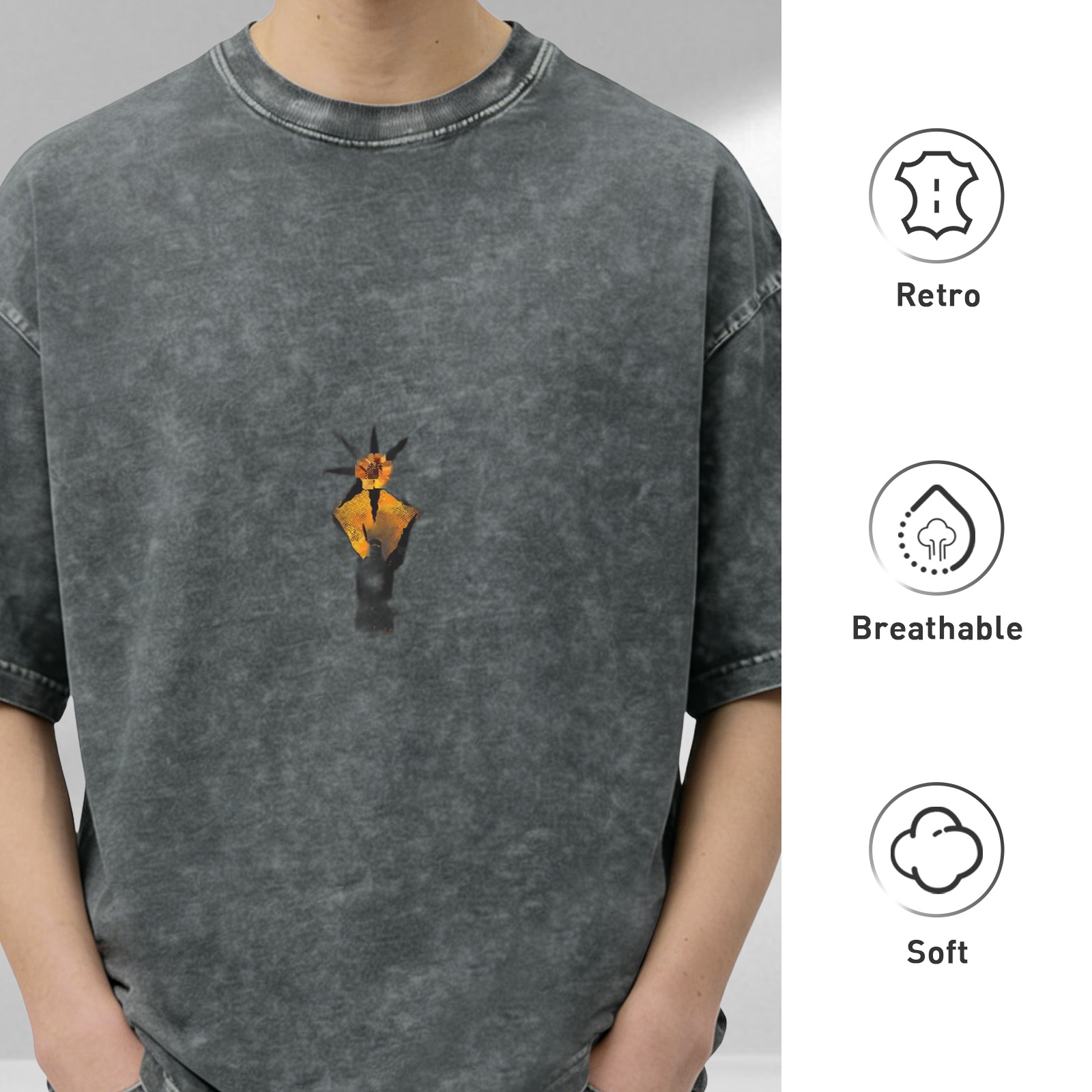 Distressed washed black loose short-sleeved T-shirt casual top with small pattern decoration on the chest
