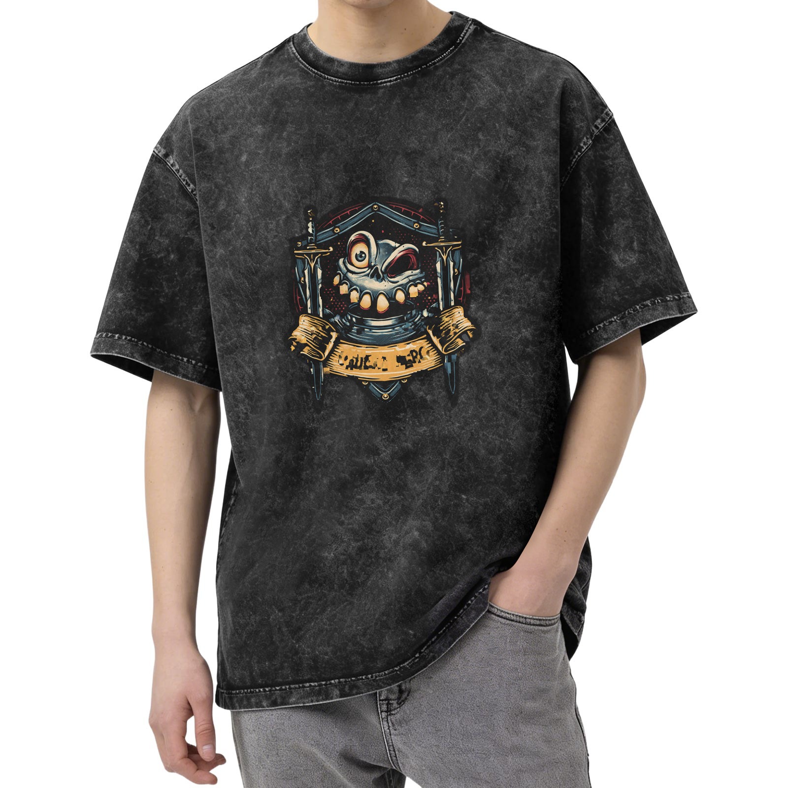 Washed Black Oversized T-Shirt With Cartoon Skull Swords Graphic