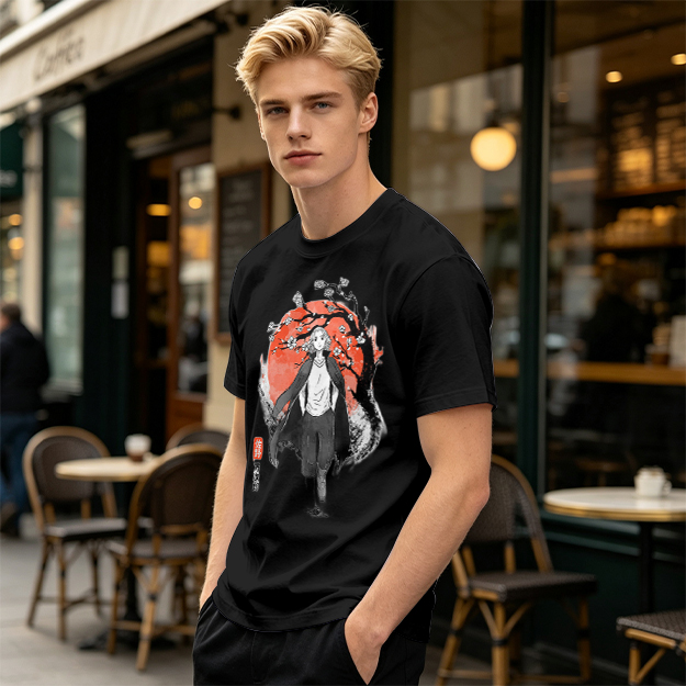 Anime Character with Cherry Blossom Red Moon Graphic T-Shirt