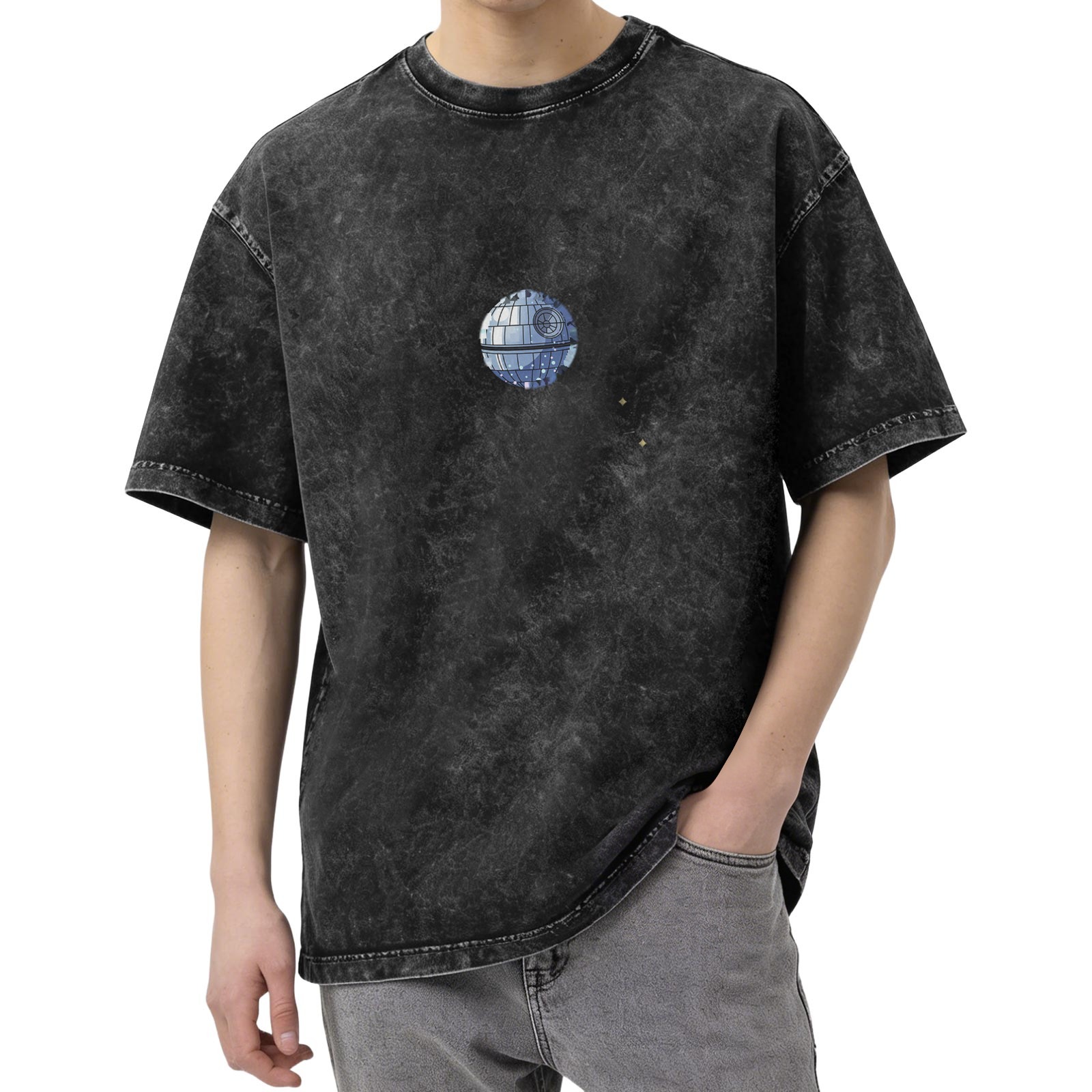 Oversized Acid Wash T-Shirt with Star Wars Death Star Graphic