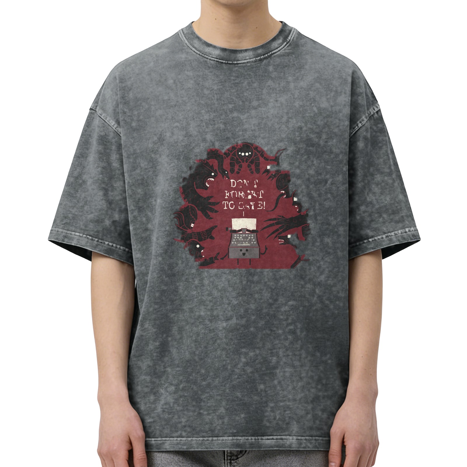 oversized acid wash t-shirt with horror monster typewriter graphic