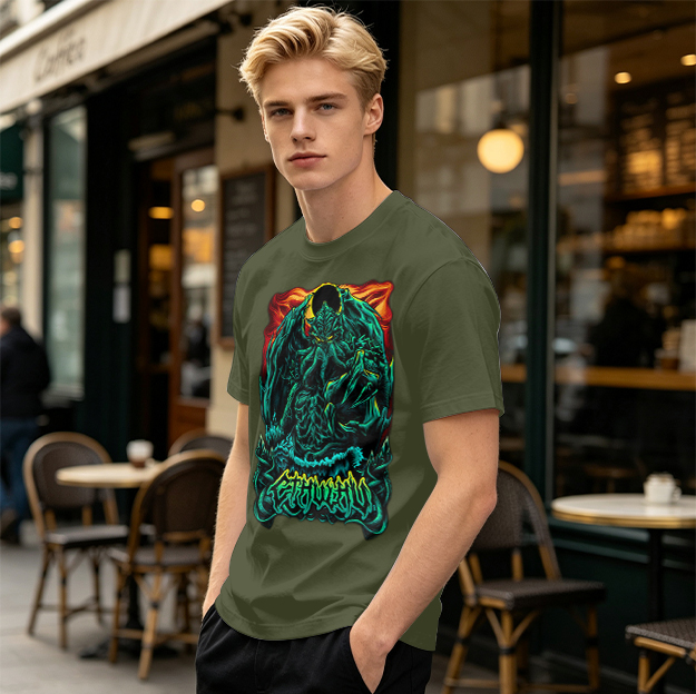 Olive Green T-Shirt With Dark Fantasy Monster Graphic Print