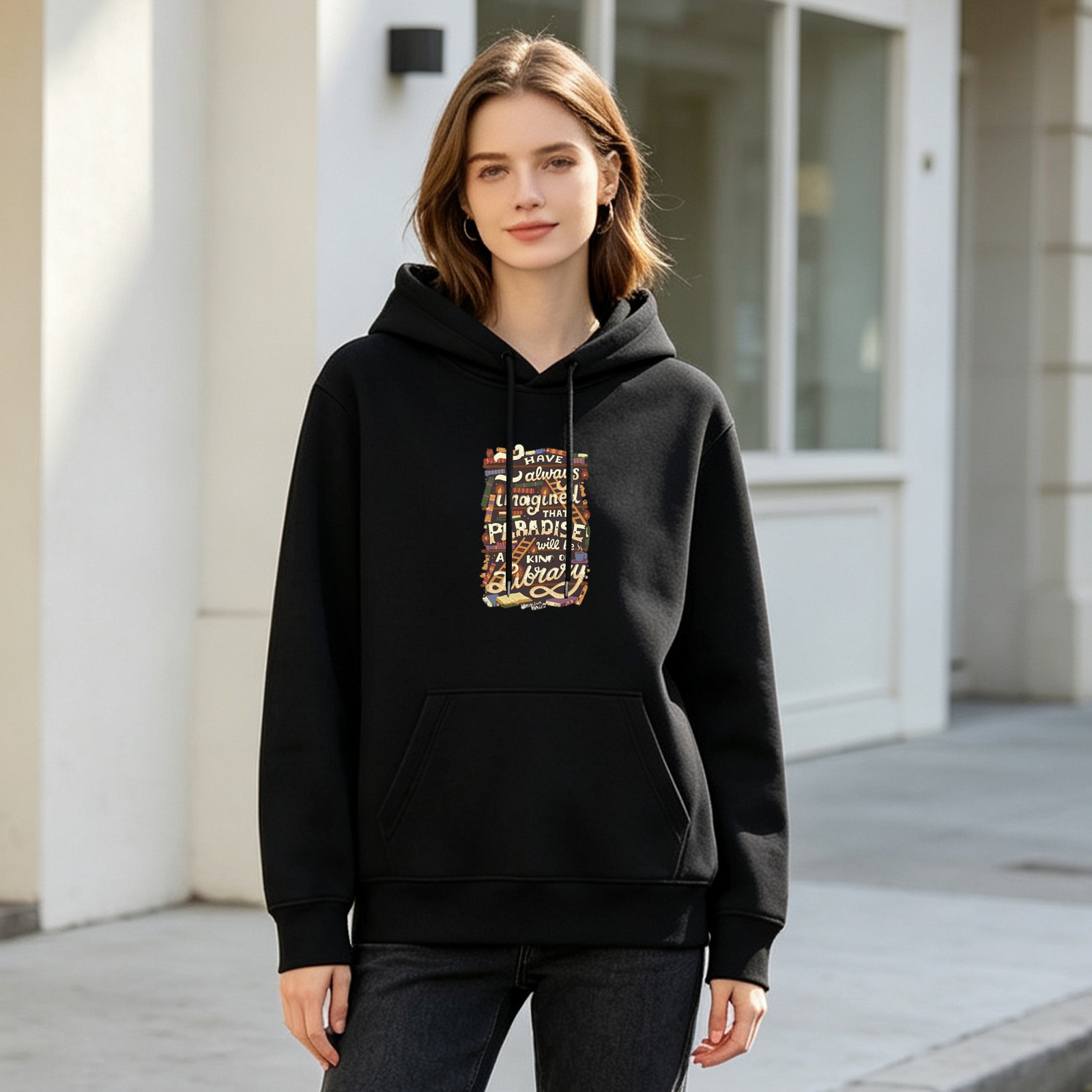 Black Hoodie With Library Paradise Quote Art Print