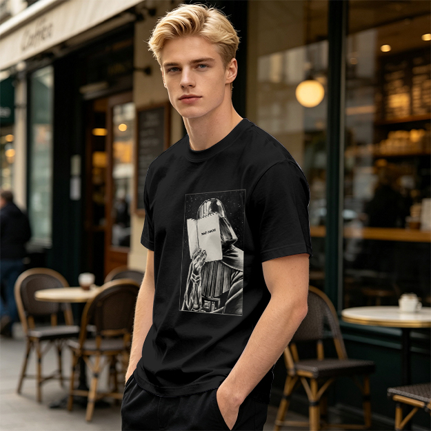 Olive T-shirt with Darth Vader reading a book graphic