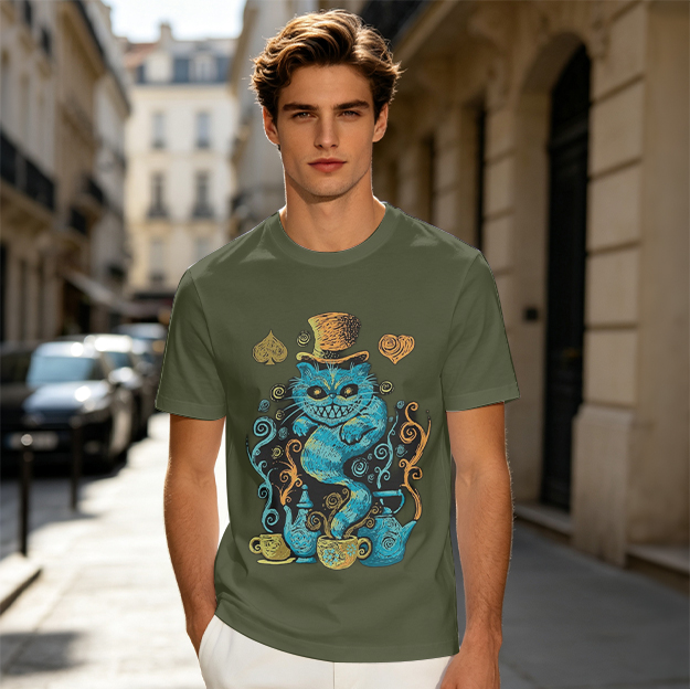 Olive T-shirt with Cheshire Cat Mad Hatter Tea Party Print