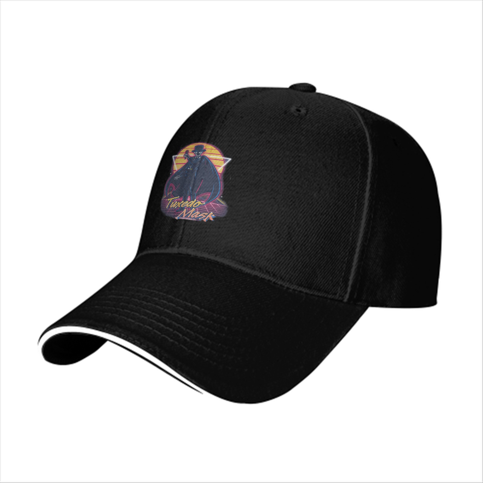 Black baseball cap with retro Tuxedo Mask graphic print