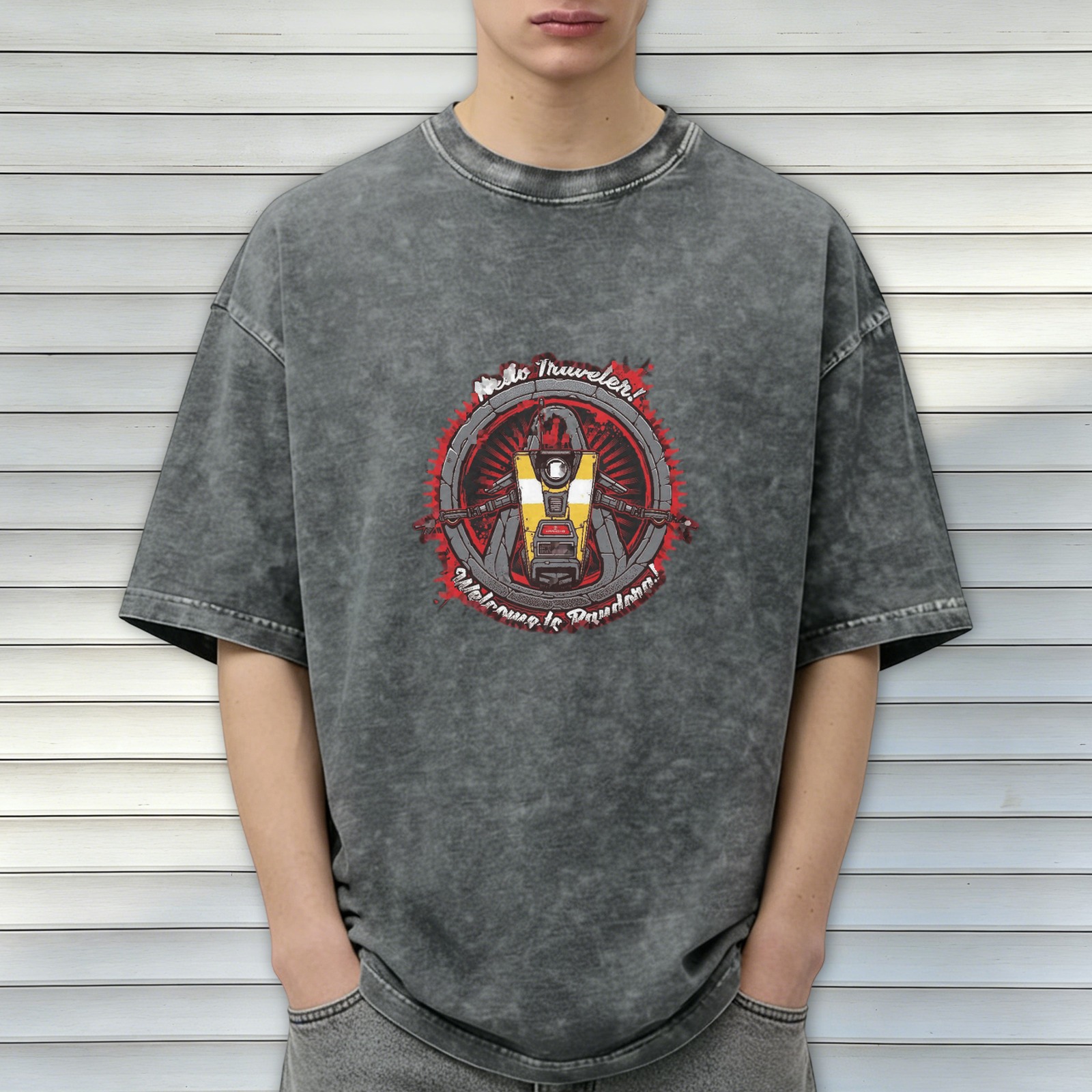Borderlands Claptrap 'Hello Traveler! Welcome to Pandora!' Acid Wash Oversized T-Shirt