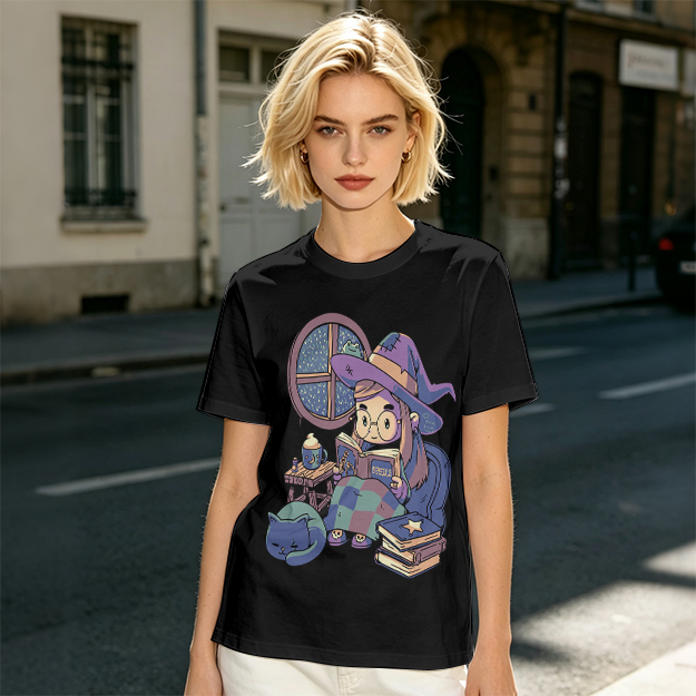 Olive t-shirt with cozy reading witch and cat graphic