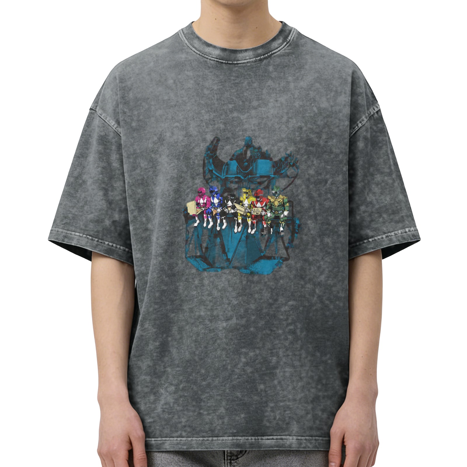 Washed Black Oversized T-Shirt with Power Rangers Graphic
