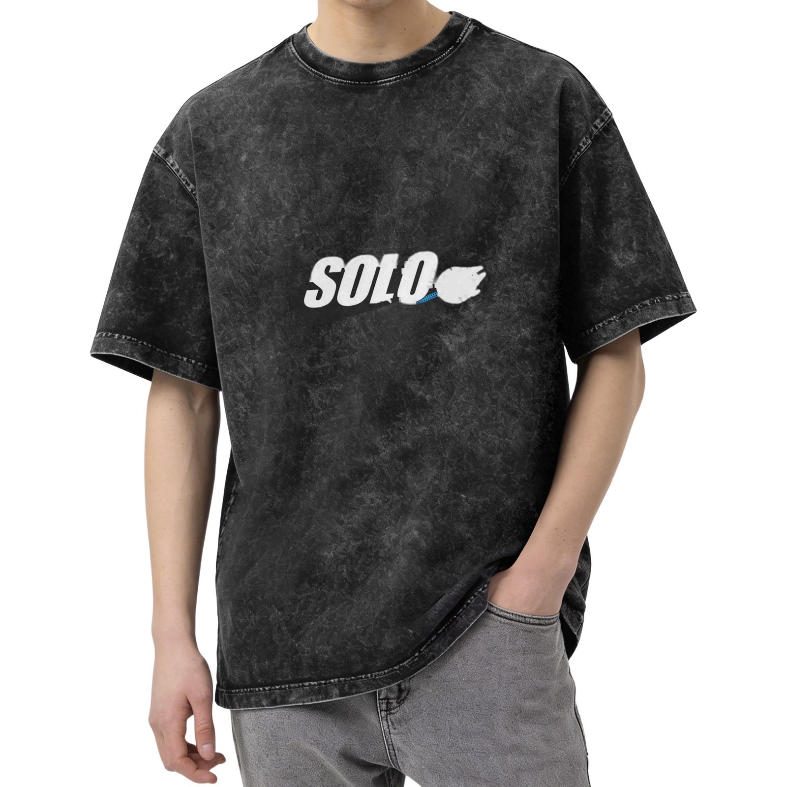 Oversized Acid Wash Black T-Shirt with SOLO Graphic Print