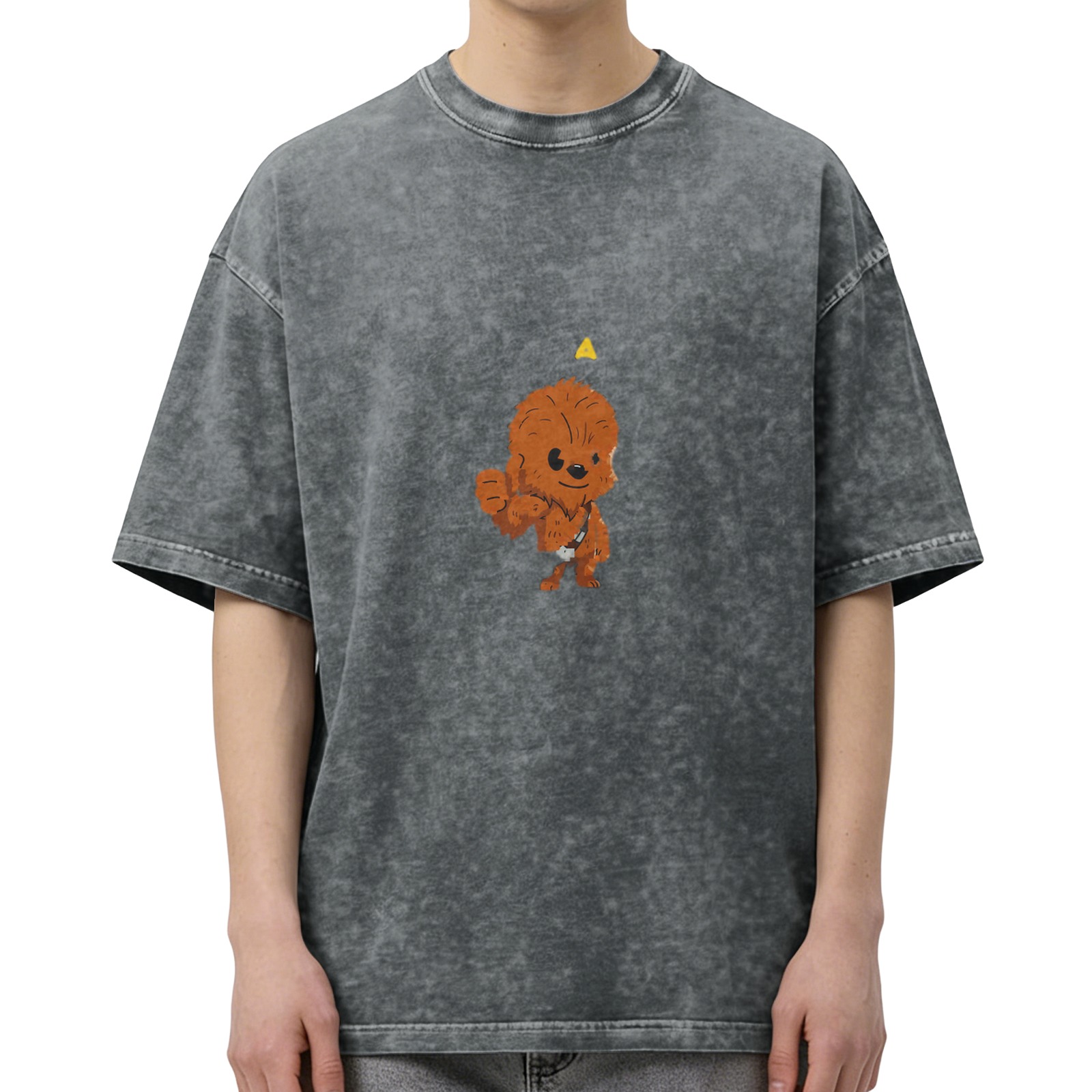 Washed black t-shirt with cute cartoon Chewbacca graphic