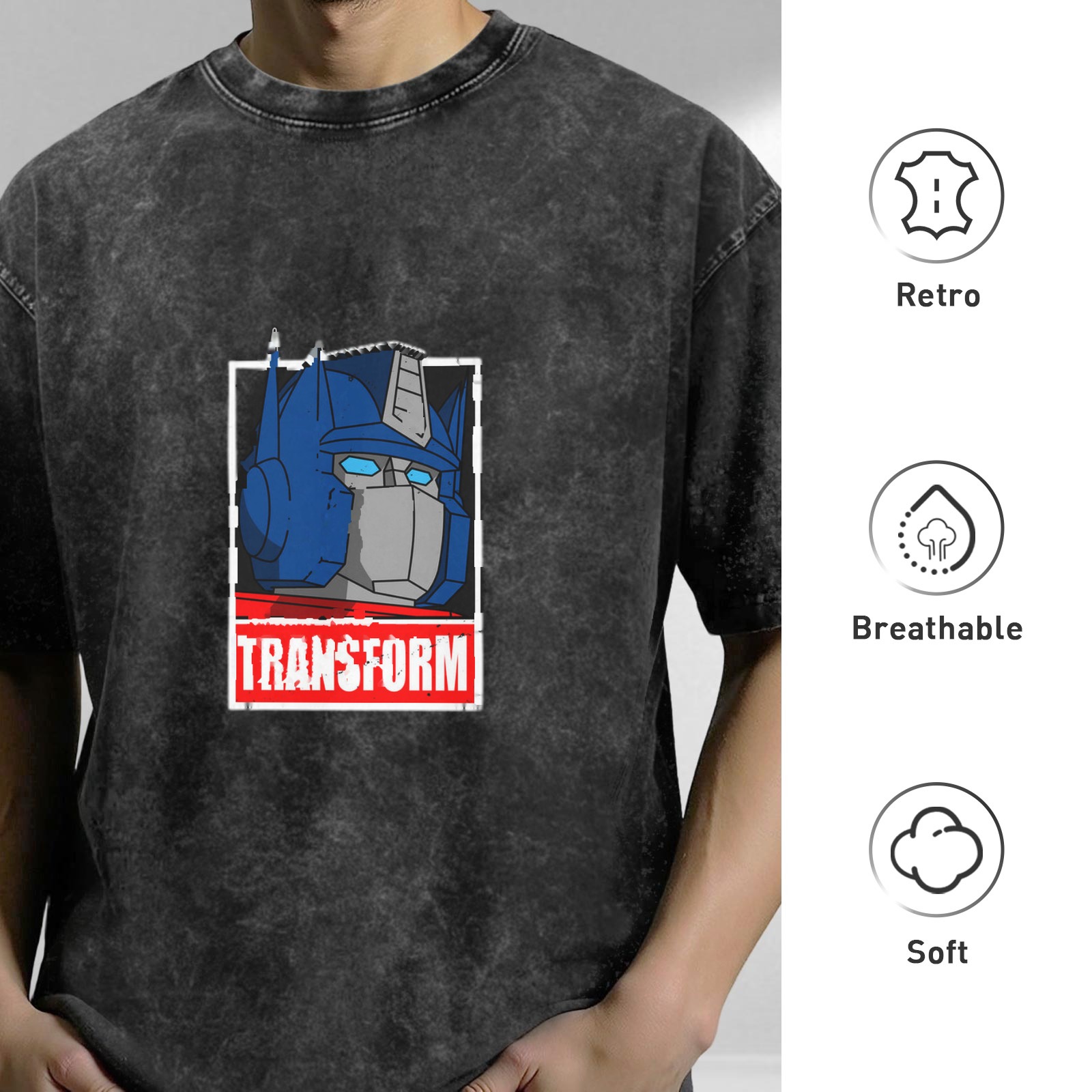 Washed Black T-Shirt with Optimus Prime Graphic and Transform Text