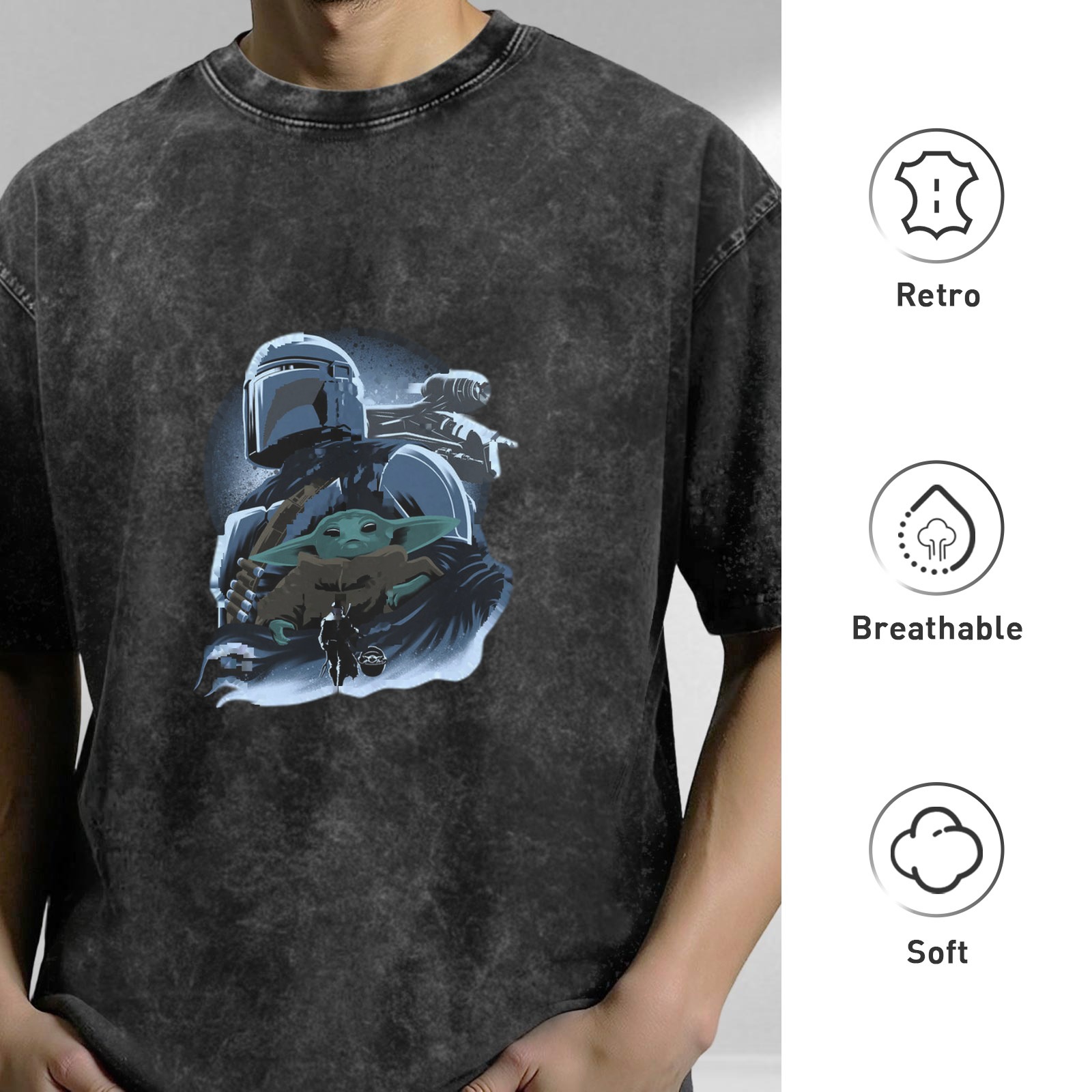 Washed Black T-Shirt Featuring Mandalorian and Child Grogu Art