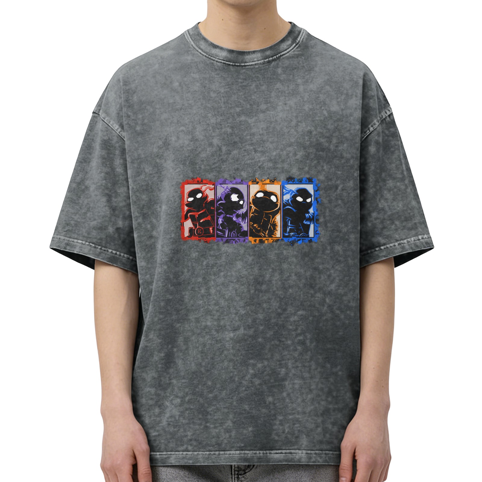 Washed Black T-Shirt with Ninja Turtle Character Panels