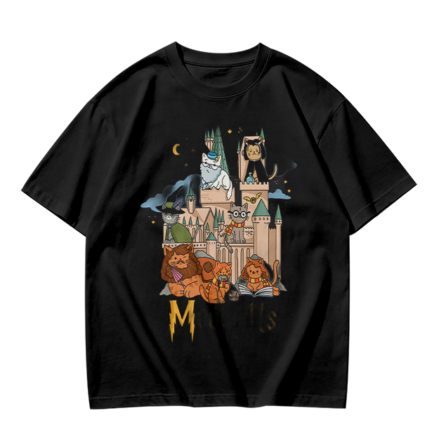 Olive T-Shirt With Whimsical Wizard Cat Castle Graphic