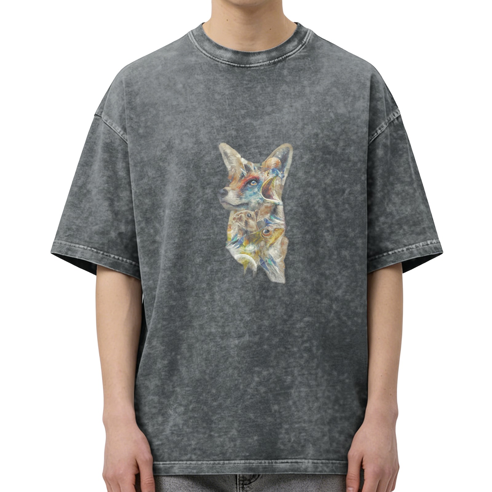 Washed Black Oversized T-Shirt With Abstract Fox Art Print