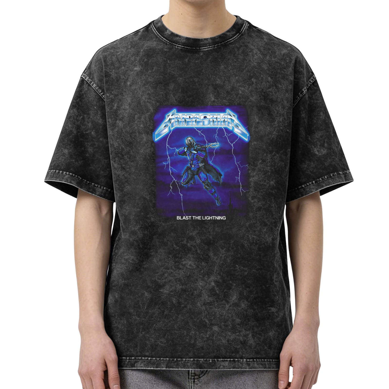 Washed Black Graphic T-Shirt with Lightning Warrior Design