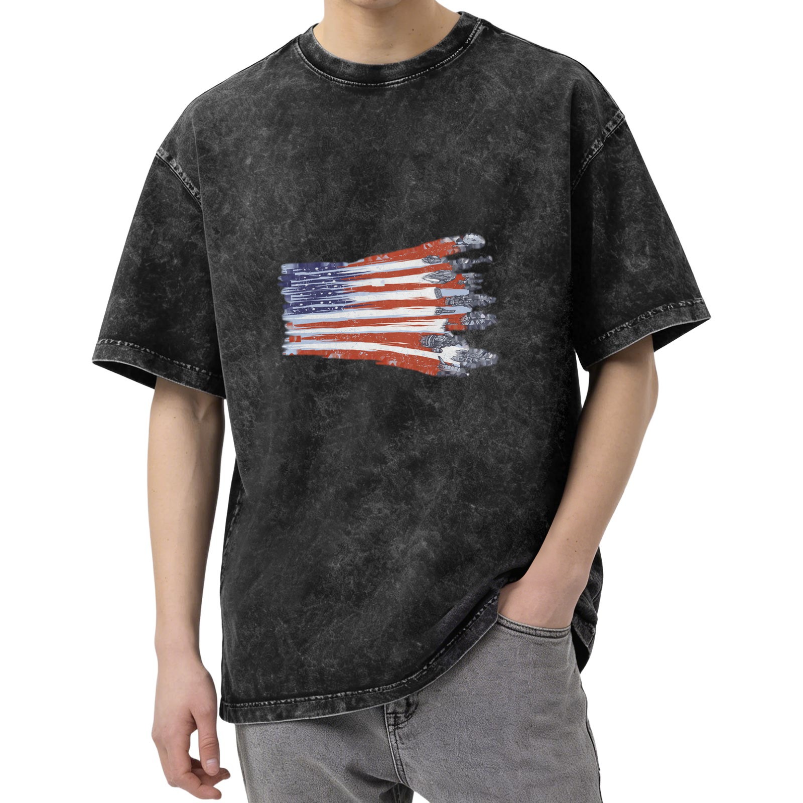 Distressed washed black American flag printed loose short-sleeved T-shirt
