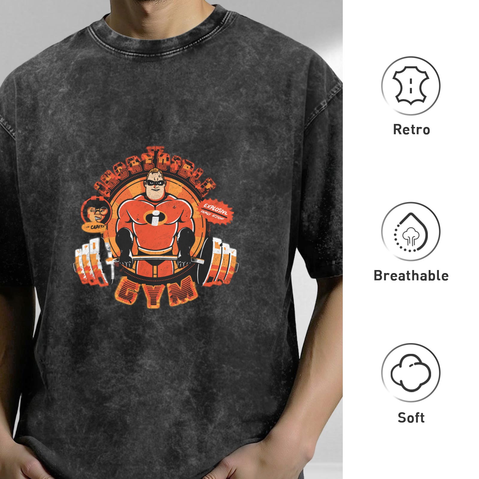 Washed black t-shirt with Incredibles gym weightlifting graphic