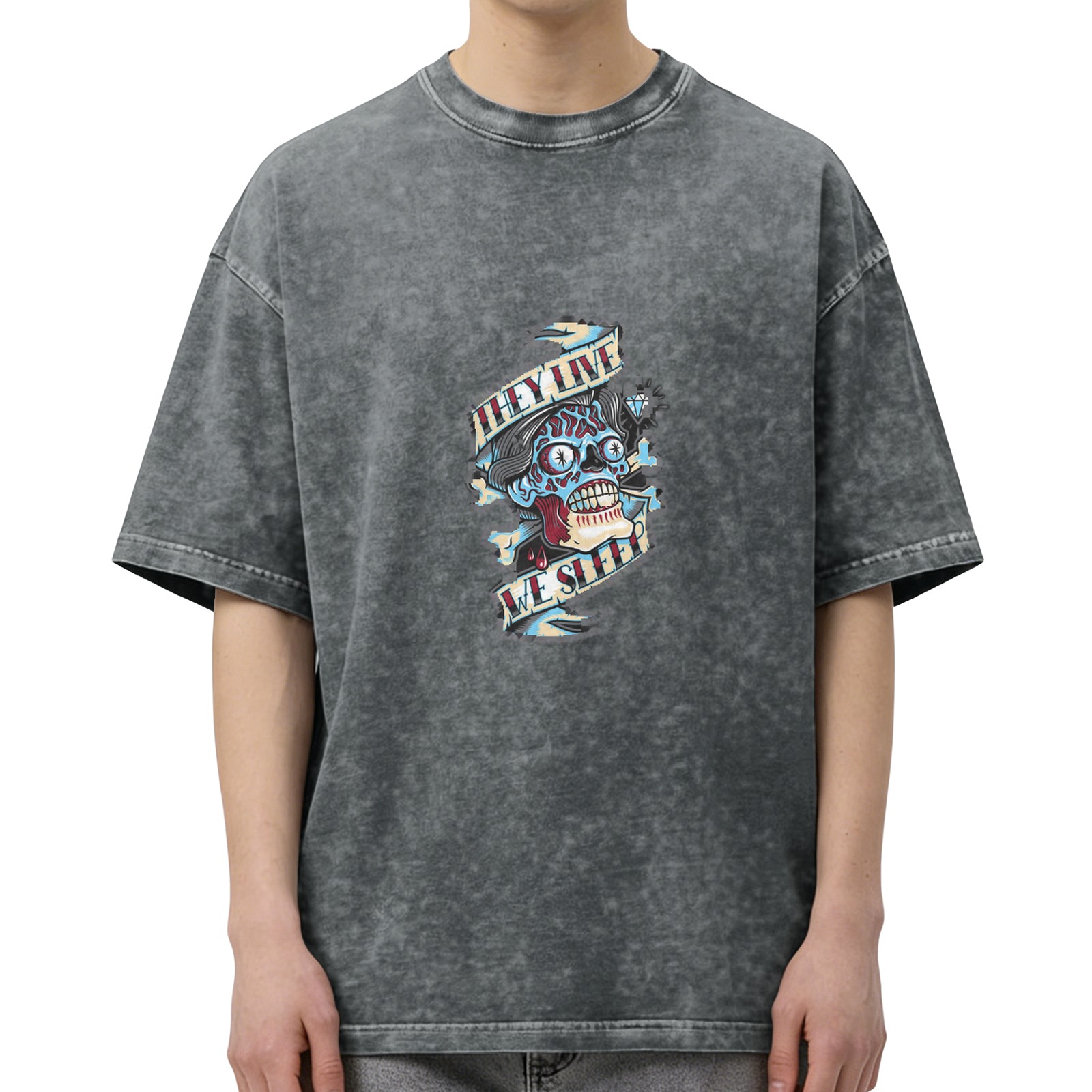 Washed Black Graphic T-Shirt with They Live Skull Banner Design