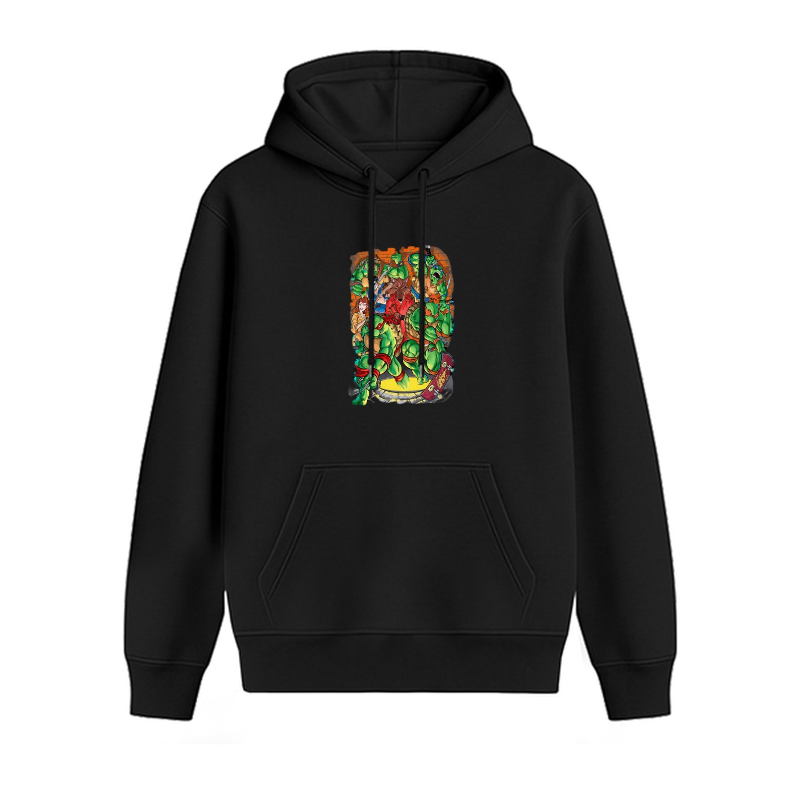 Black Hoodie With Vibrant Cartoon Turtle Graphic Print