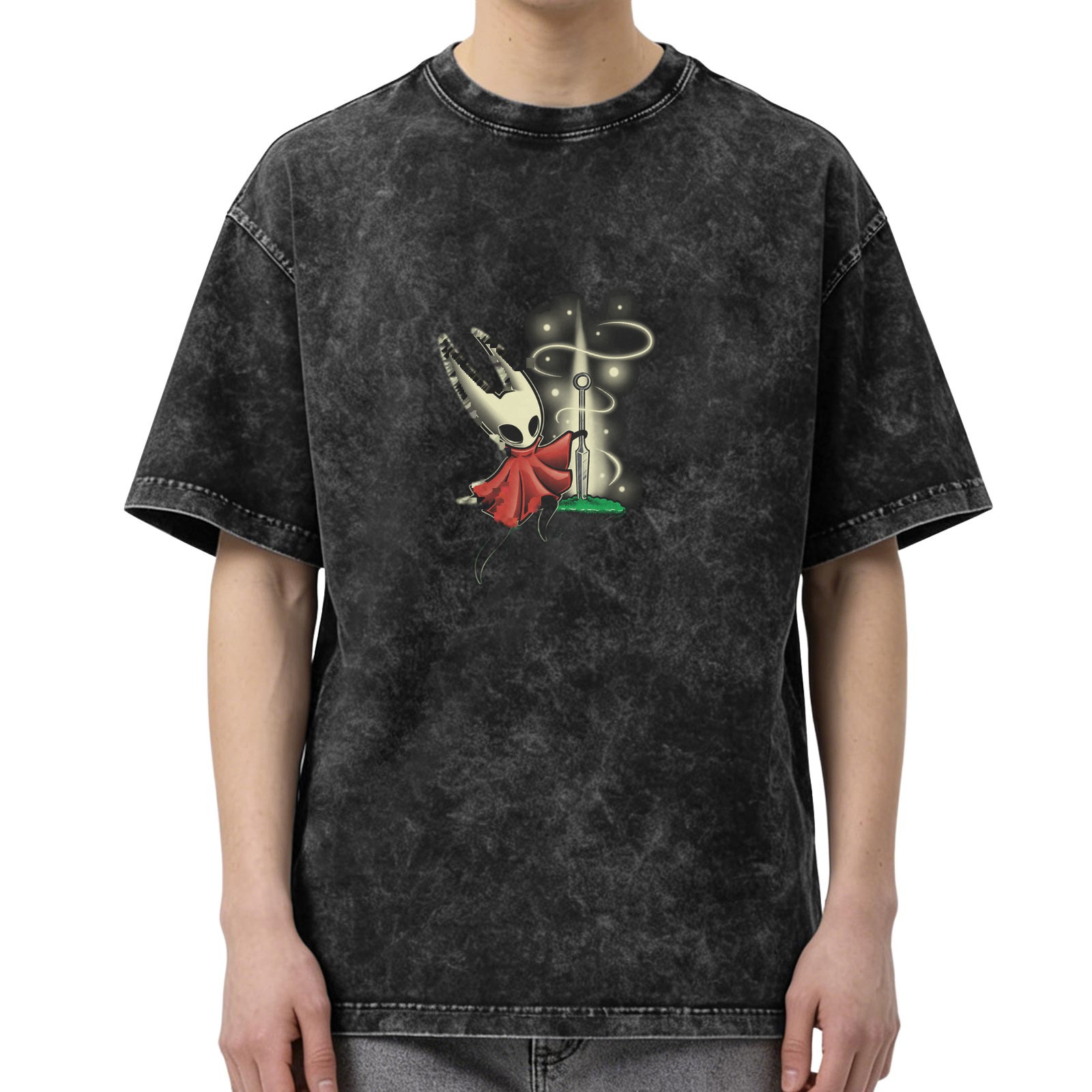 Oversized dark washed graphic tee with Hollow Knight character print