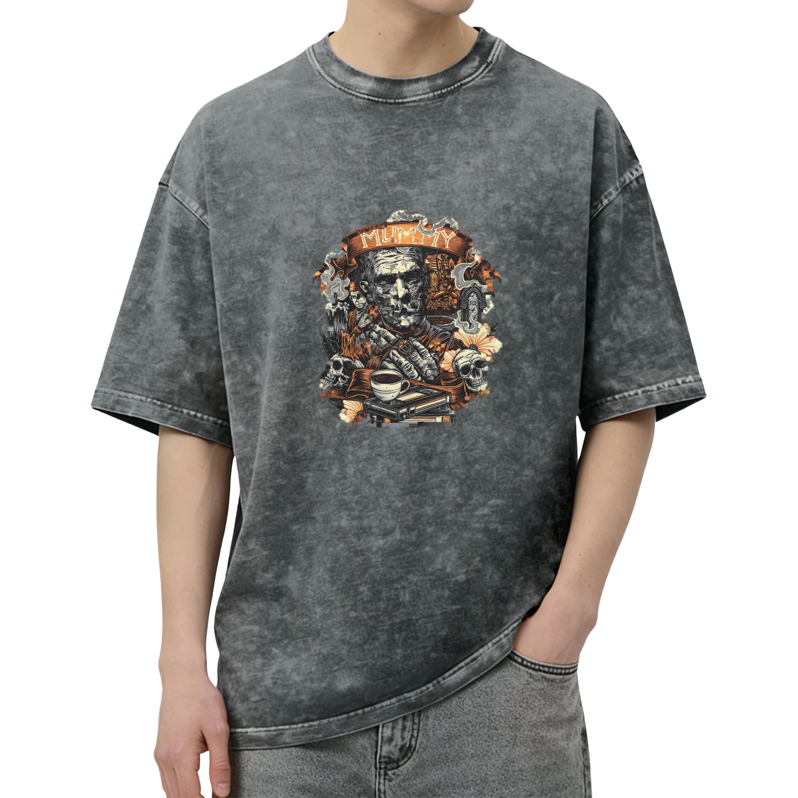 Washed Black Mummy Graphic T-Shirt with Skulls and Coffee Design