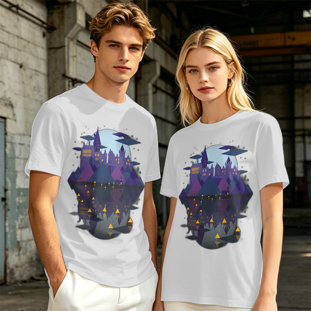 Olive T-Shirt With Night Castle Lake Reflection Graphic
