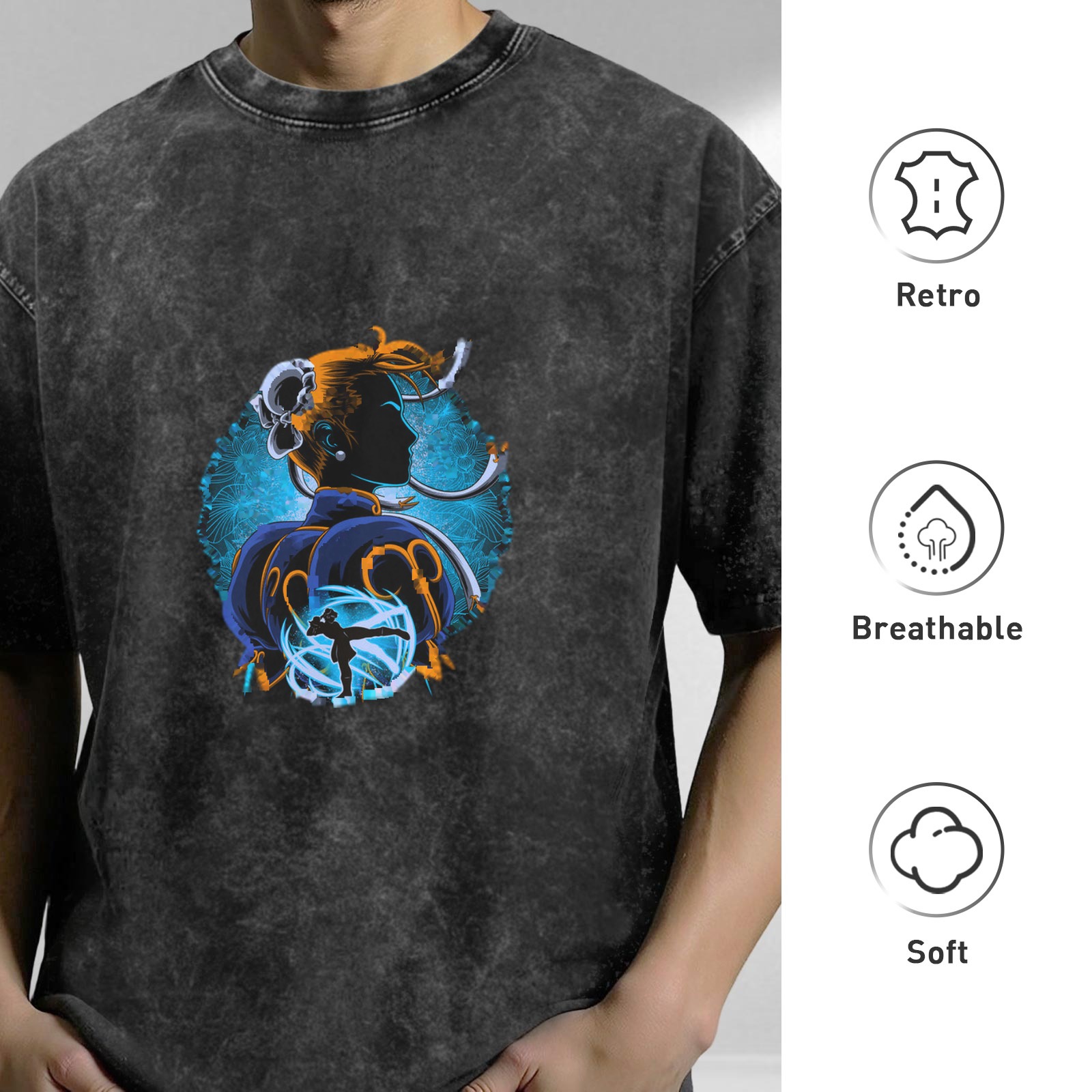 Oversized Dark Wash T-Shirt With Chun-Li Street Fighter Graphic