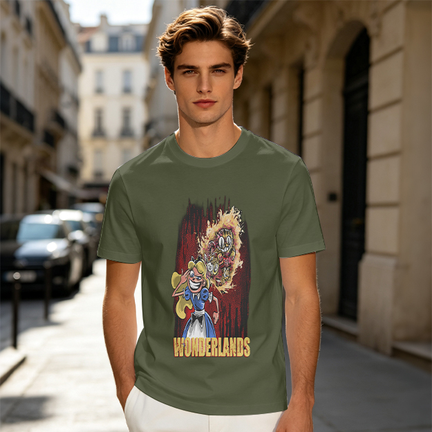 Olive Graphic Tee With Dark Wonderland Themed Cartoon Print