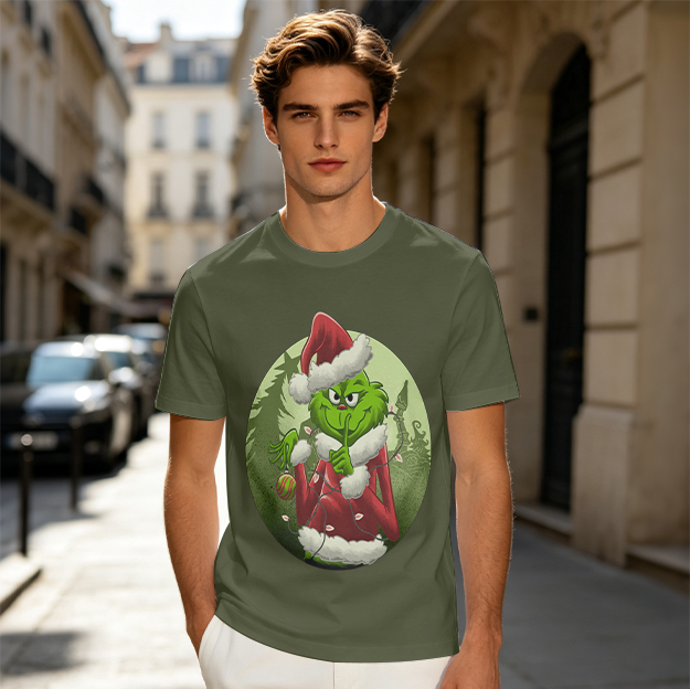 Olive Green T-Shirt Featuring The Grinch In Santa Costume