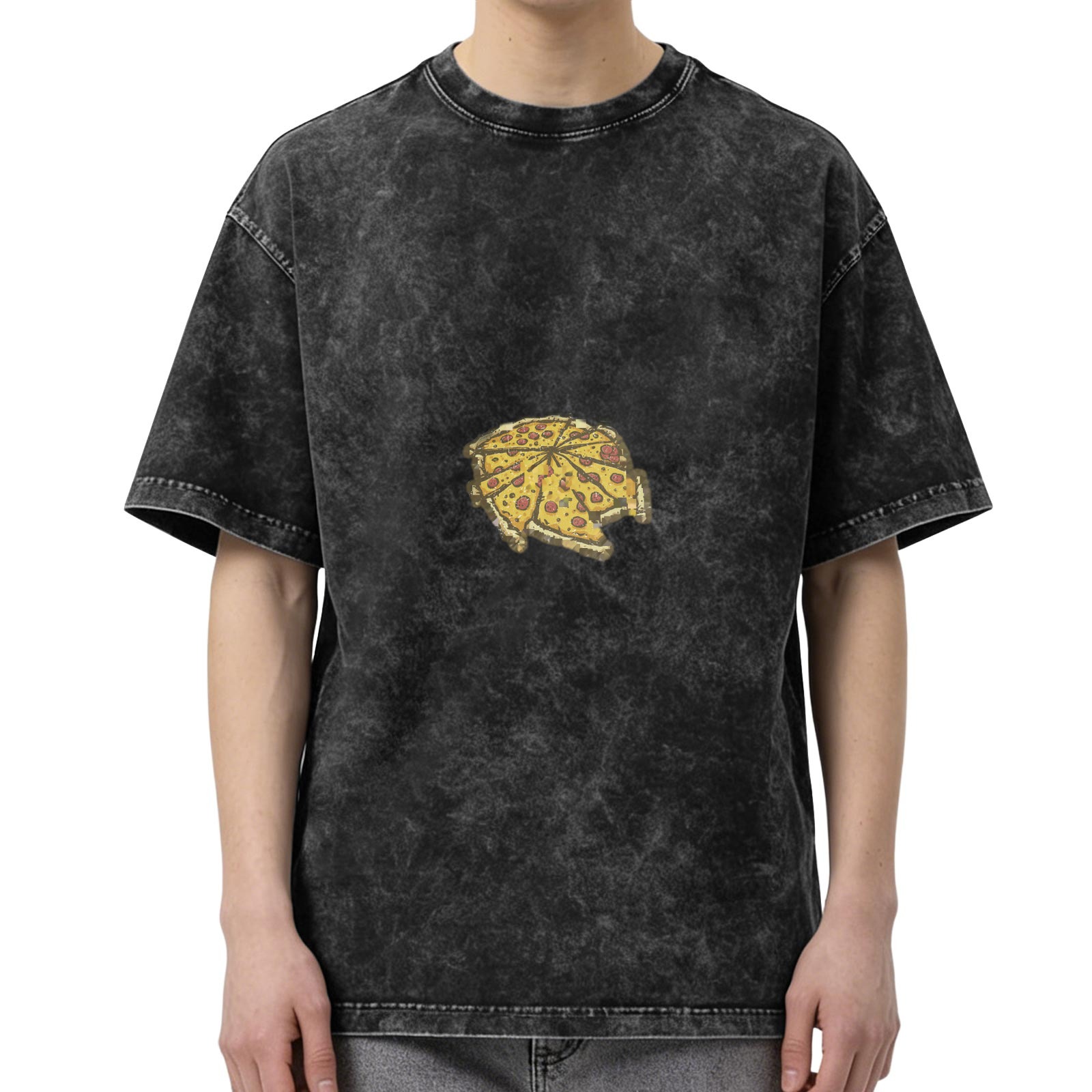 Distressed black pizza print loose short-sleeved T-shirt