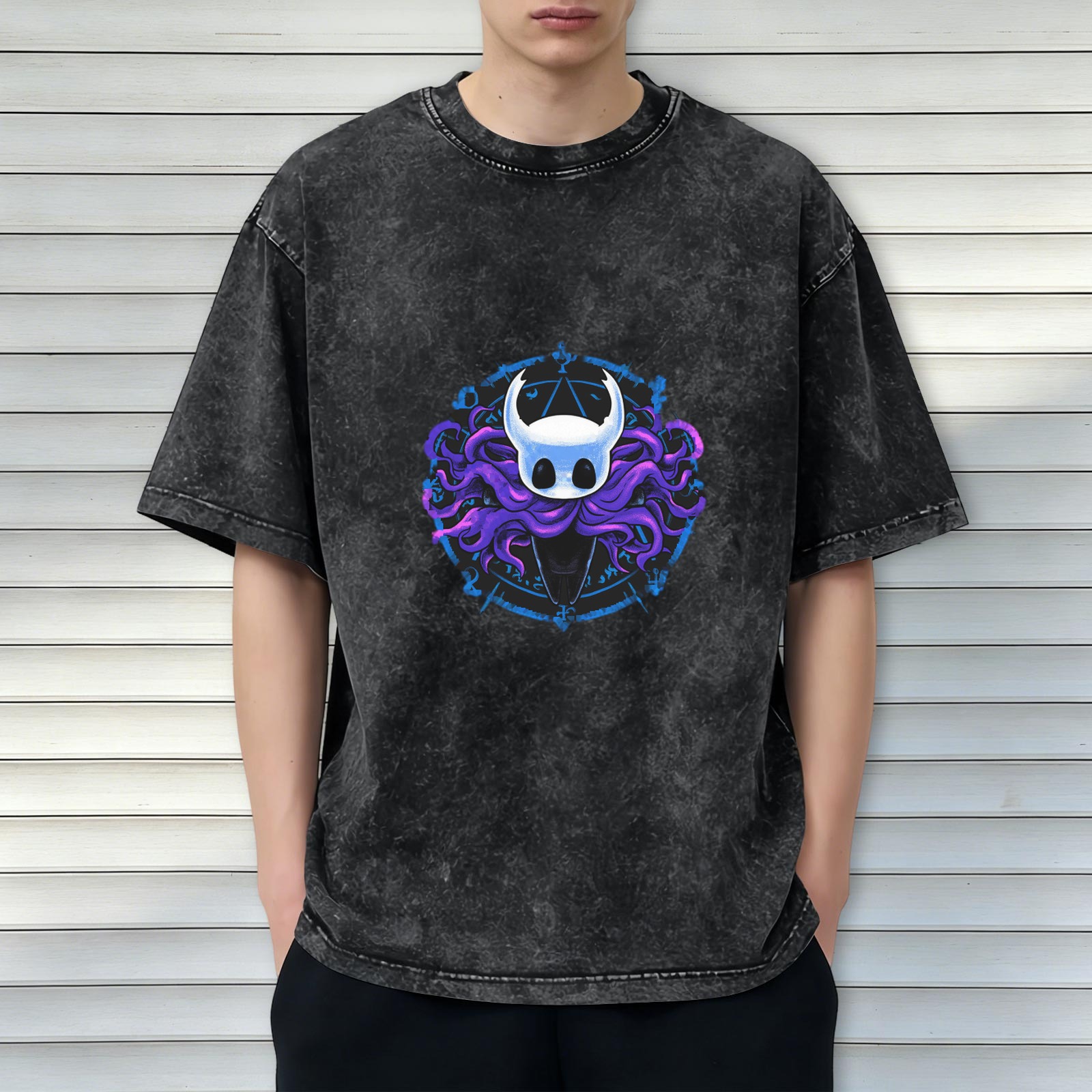 Oversized Dark Wash T-Shirt With Hollow Knight Tentacle Graphic Print