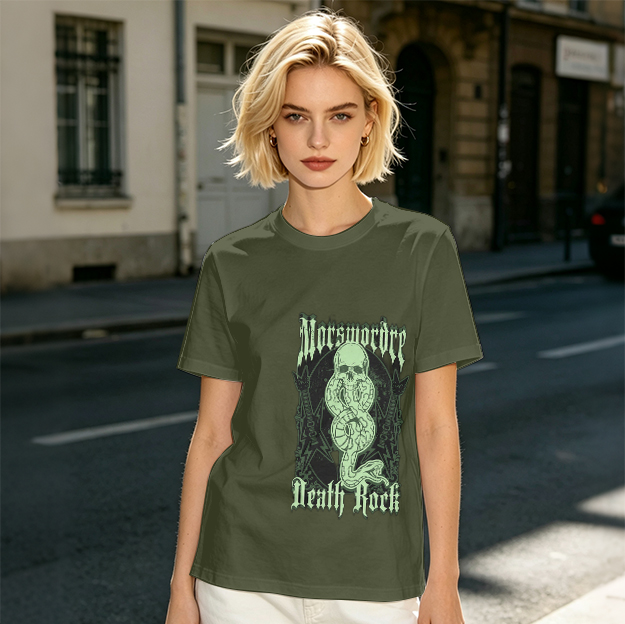 Olive graphic t-shirt with skull snake death rock design