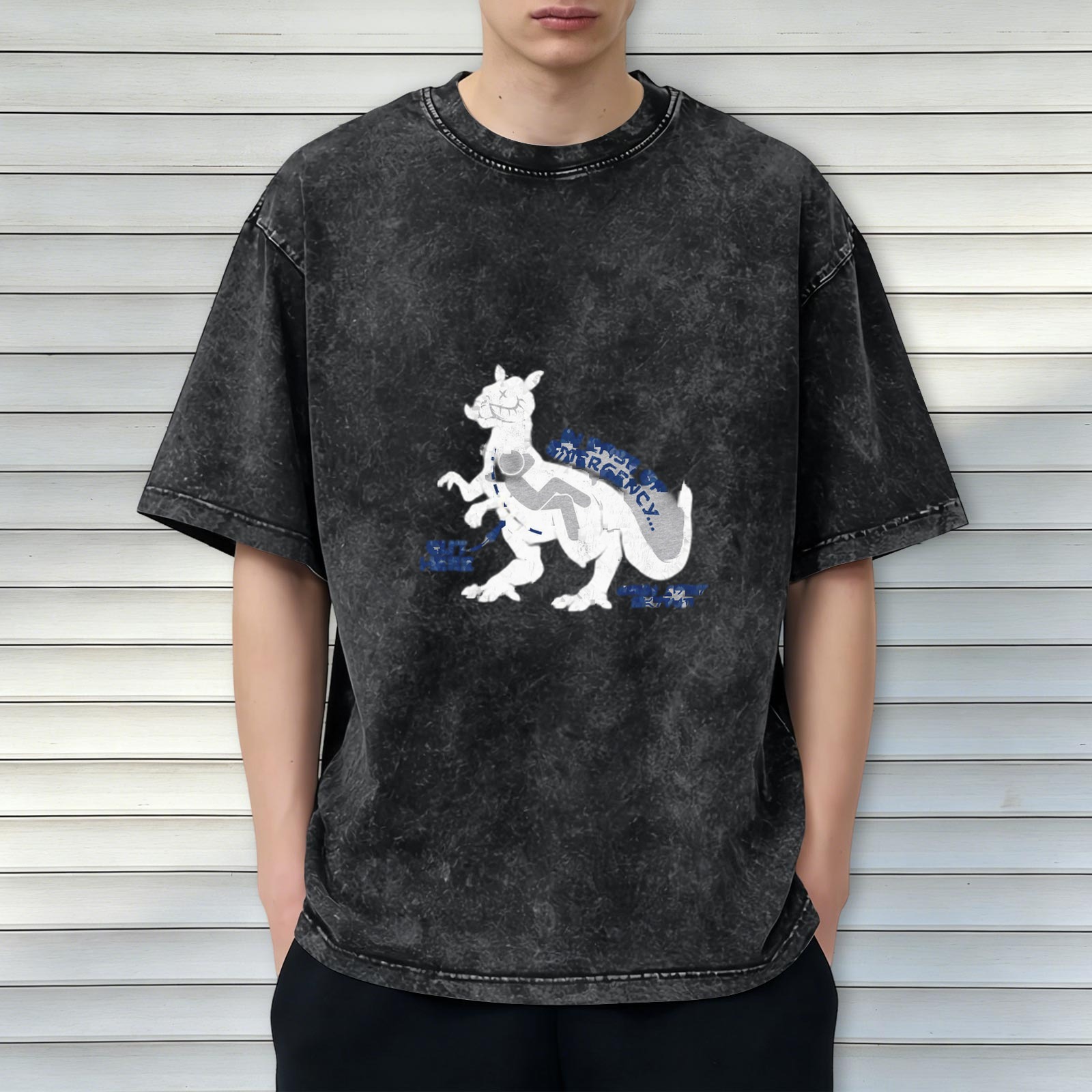 Oversized Acid Wash Graphic T-Shirt with Dinosaur Print